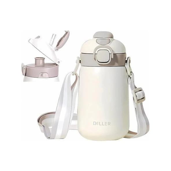 Diller 420ml Pipetli Askılı Çelik Beyaz Çocuk Termos Matara 6 Saat Sıcak/soğuk Tutma Süresi ürün görseli