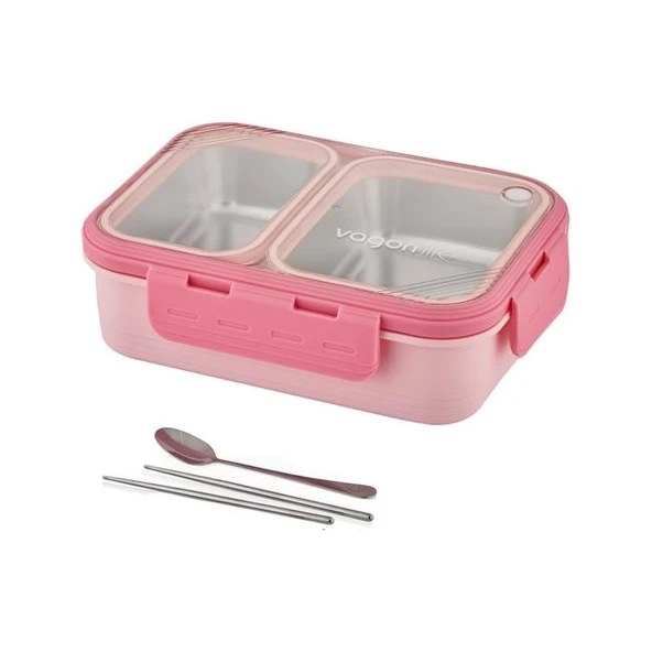 Vagonlife Bento 700ml Tek Katlı 2 Bölmeli Chopstick ve Kaşıklı Çelik Yemek Kutusu Pembe ürün görseli