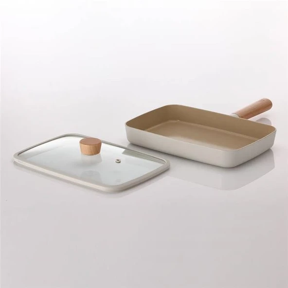 Neoflam Fika Alüminyum Döküm Dörtgen Tava 29CM Cam Kapaklı Bej - Resim 2