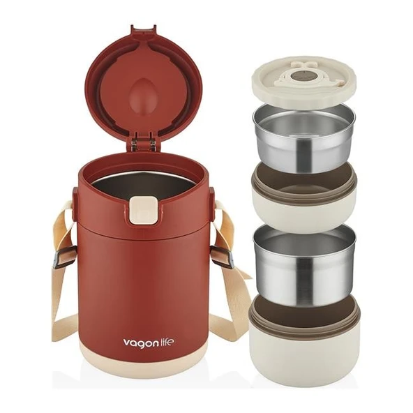 Vagonlife Bento 1800ml 2 Kaseli 4-6 Saat Termos Özellikli Çelik Yemek Kutusu - Kırmızı ürün görseli