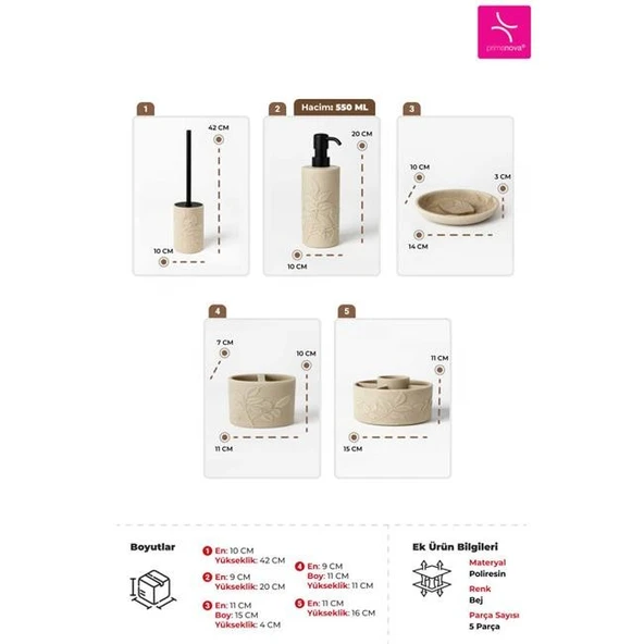 Primanova Leaf Banyo Seti 5 Parça - Bej - Resim 2