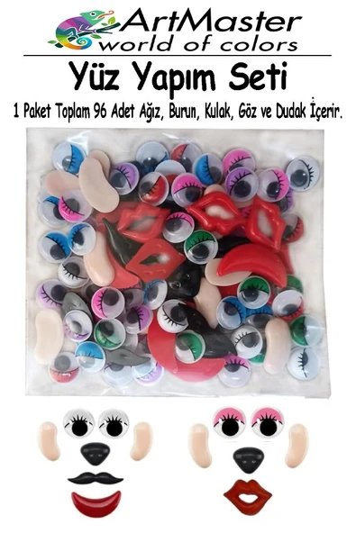 Yüz Yapım Seti Renkli Oynar Göz 12 mm 96 Lı 1 Paket Ağız Kulak Burun Bıyık Dudak Plastik Anasınıfı Etkinlik Hobi Tasarım ürün görseli 1