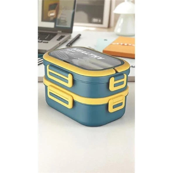 Akayev 1650ml İki Katlı 4 Bölmeli Çelik Yemek Kabı Mavi - Resim 2