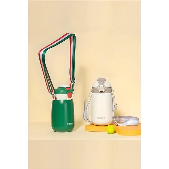 Diller 420ml Pipetli Askılı Çelik Yeşil Çocuk Termos Matara 6 Saat Sıcak/soğuk Tutma Süresi - Resim 2