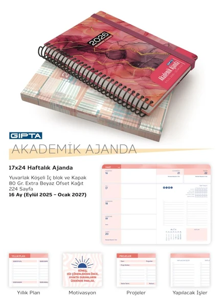 Gıpta 2025 Eylül-2026 Aralık DİKİŞLİ Akademik Ajanda 17X24 Cm  Model-7 - Resim 2
