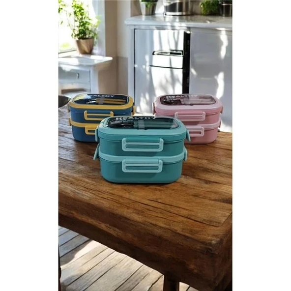 Akayev 1650ml İki Katlı 4 Bölmeli Çelik Yemek Kabı Pembe - Resim 3