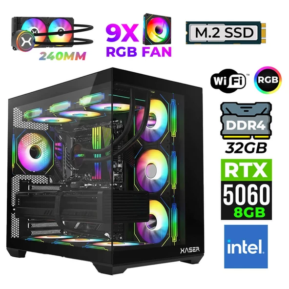 Xaser Neon X50 Intel i3 14100F 32GB Ram 1TB M.2 NVMe SSD 8GB RTX5060 Sıvı Soğutmalı Oyuncu Tavsiye Sistem ürün görseli