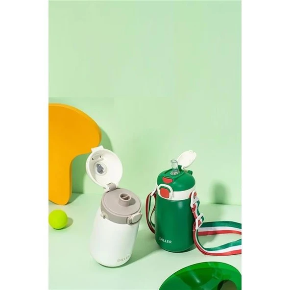 Diller 420ml Pipetli Askılı Çelik Yeşil Çocuk Termos Matara 6 Saat Sıcak/soğuk Tutma Süresi - Resim 3