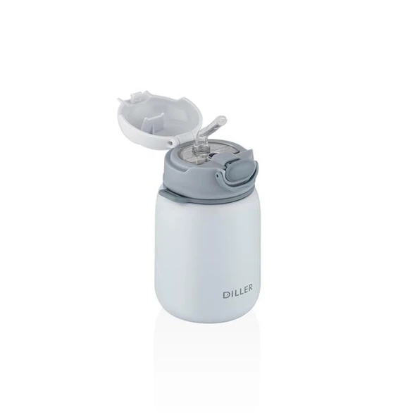 Diller 420ml Pipetli Askılı Çelik Beyaz Çocuk Termos Matara 6 Saat Sıcak/soğuk Tutma Süresi - Resim 2