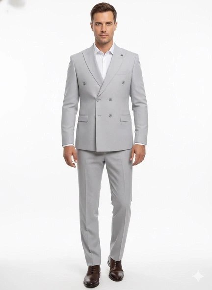 Gri Kruvaze İtalyan Kesim Erkek Takım Elbise – Slim Fit Modern Mikro Desen Kumaş - Resim 2