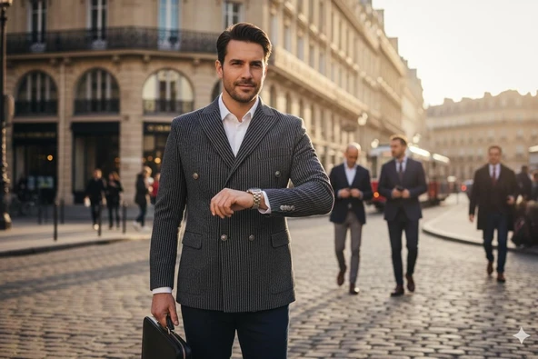 İtalyan Kesim Lacivert Kruvaze Takım Elbise – Modern Slim Fit – Çizgili Kumaş Detaylı - Resim 8