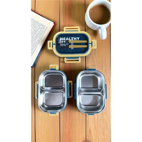 Akayev 1650ml İki Katlı 4 Bölmeli Çelik Yemek Kabı Mavi - Resim 4