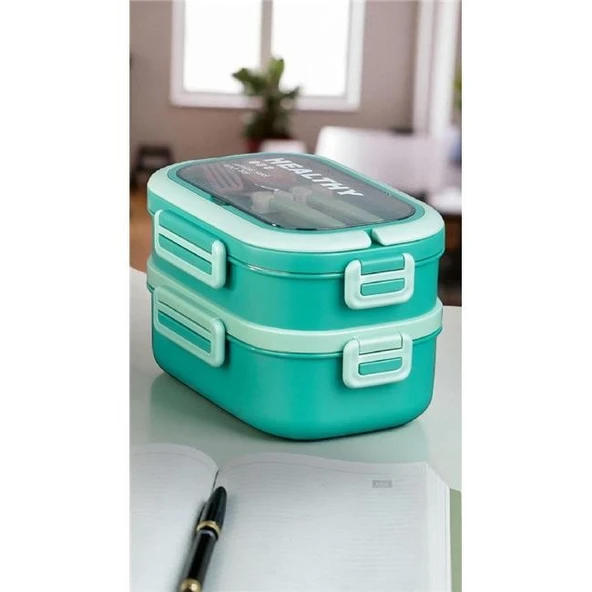 Akayev 1650ml İki Katlı 4 Bölmeli Çelik Yemek Kabı Yeşil - Resim 3