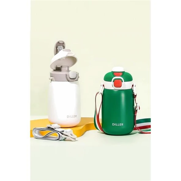 Diller 420ml Pipetli Askılı Çelik Beyaz Çocuk Termos Matara 6 Saat Sıcak/soğuk Tutma Süresi - Resim 2