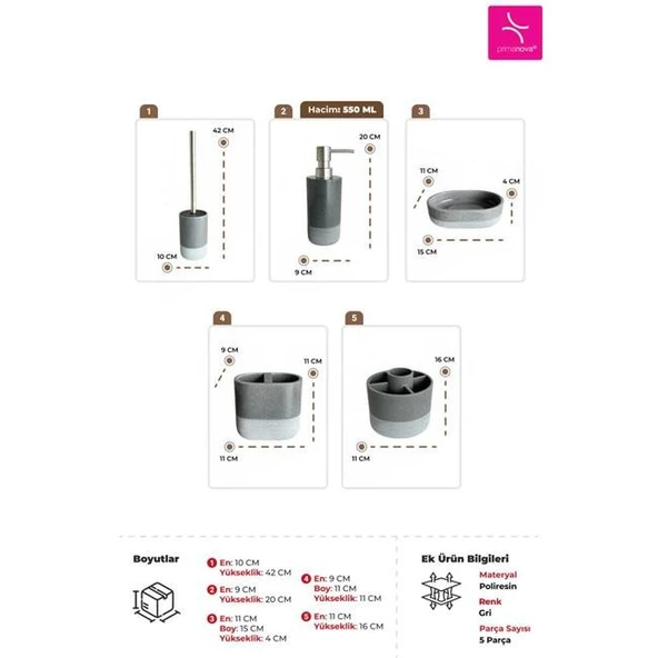 Primanova Reve Banyo Seti 5 Parça - Gri - Resim 2