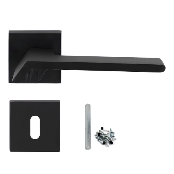 Kare Rozetli Oda Kapı Kolu Mat Siyah Sağa Sola Uygun Ön Arka Oda Kapısı 1 Takım - Resim 5