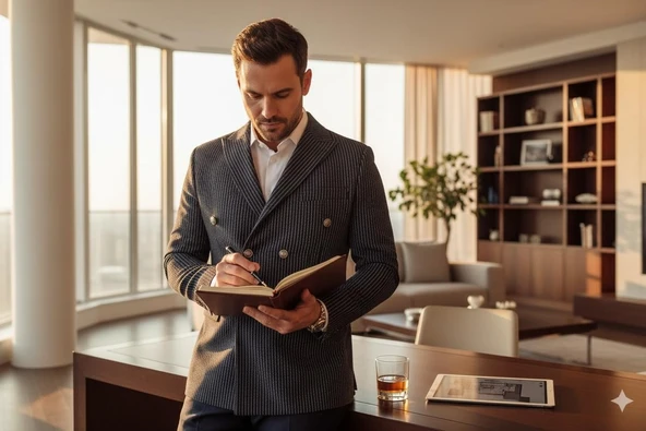 İtalyan Kesim Lacivert Kruvaze Takım Elbise – Modern Slim Fit – Çizgili Kumaş Detaylı - Resim 7