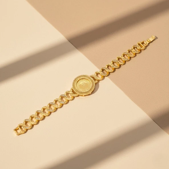 Altın Kaplama İmitasyon Zirkon Taşlı Desenli Çeyrek Altınlı Bileklik BLK-1175 - Resim 4