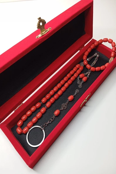 Kırmızı Ceyt Taşı Alpaka Püskül Tespih Anahtarlık Ve Bileklik (AHŞAP KUTULU) - Resim 2