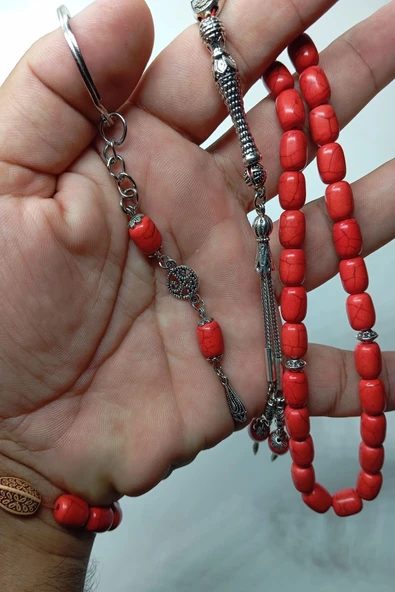 Kırmızı Ceyt Taşı Alpaka Püskül Tespih Anahtarlık Ve Bileklik (AHŞAP KUTULU) - Resim 6