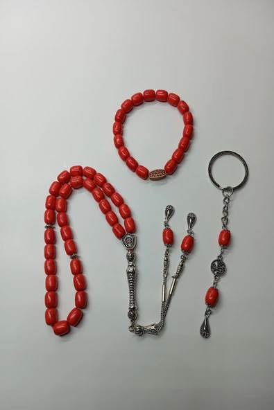 Kırmızı Ceyt Taşı Alpaka Püskül Tespih Anahtarlık Ve Bileklik (AHŞAP KUTULU) ürün görseli 1