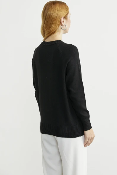 Motifli Daire Yaka Triko Kazak - Siyah - Resim 5