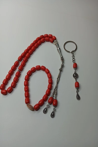 Kırmızı Ceyt Taşı Alpaka Püskül Tespih Anahtarlık Ve Bileklik (AHŞAP KUTULU) - Resim 4