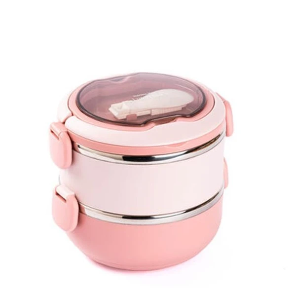 Tantitoni Pembe Paslanmaz Çelik Yuvarlak 2 Katlı Çatallı Yemek Taşıma Kabı 850ml ürün görseli