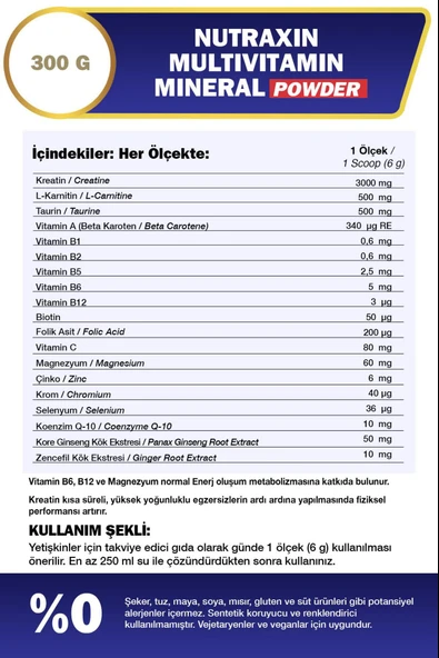 Nutraxin Multivitamin Mineral Powder 300 gr - Resim 3