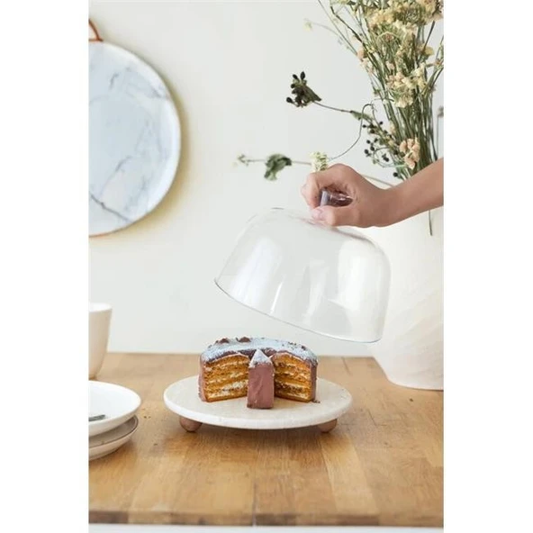 Akayev Traverten 25 Cm Ahşap Boncuk Ayaklı Cam Fanus - Resim 3