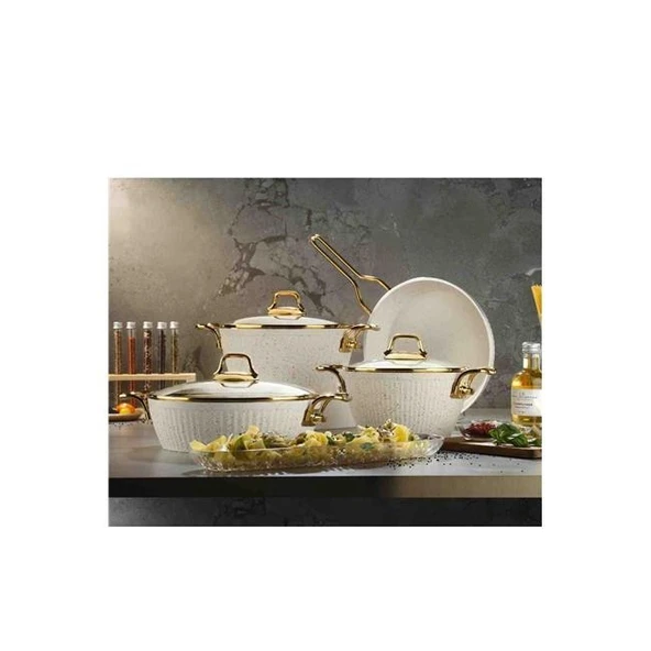 Lines Maya 7 Parça Granit Desenli Tencere Seti Altın Kulp Beyaz ürün görseli