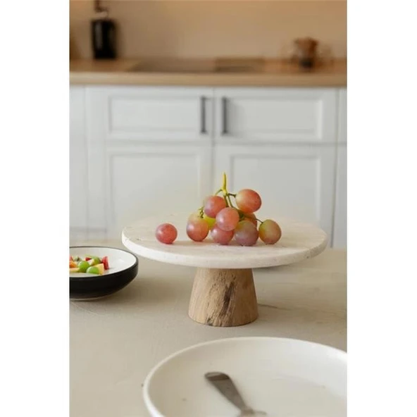 Akayev Traverten 25 Cm Ahşap Konik Ayaklı Yuvarlak Sunumluk - Resim 2