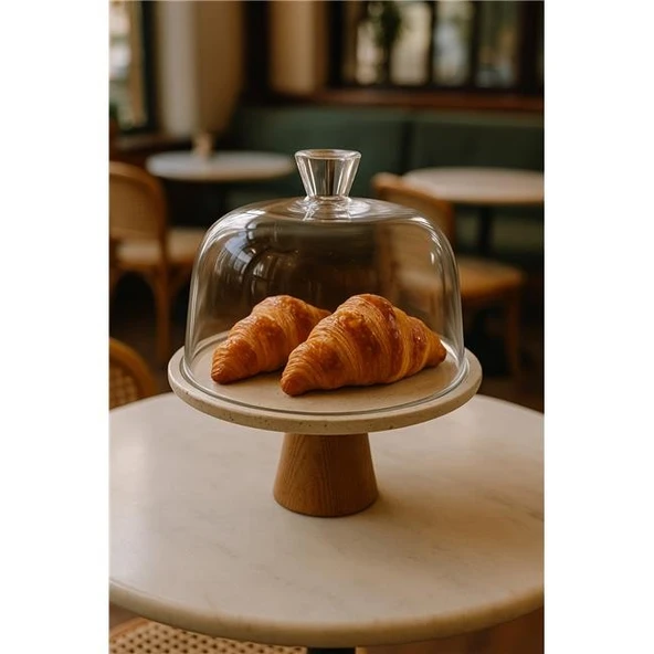 Akayev Traverten 25 Cm Ahşap Konik Ayaklı Beyaz Cam Fanus - Resim 3