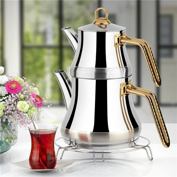 Lines Naz Çelik Çaydanlık Takımı Altın Kulp Mini Boy ürün görseli