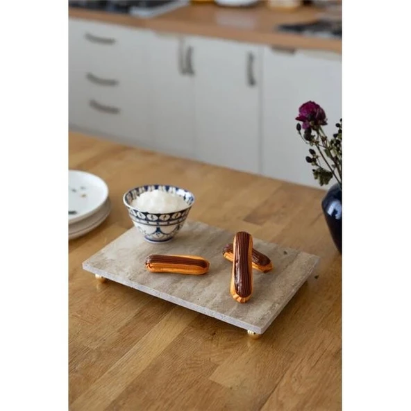 Akayev Traverten 30x15 Cm Altın Boncuk Ayaklı Sunumluk - Resim 2