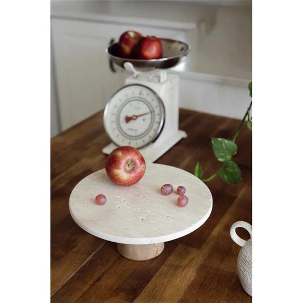 Akayev Traverten 28 Cm Ahşap Konik Ayaklı Yuvarlak Sunumluk - Resim 2