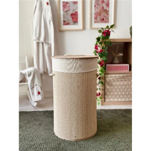 Akayev Beige Hasır Yuvarlak Çamaşır Sepeti ürün görseli