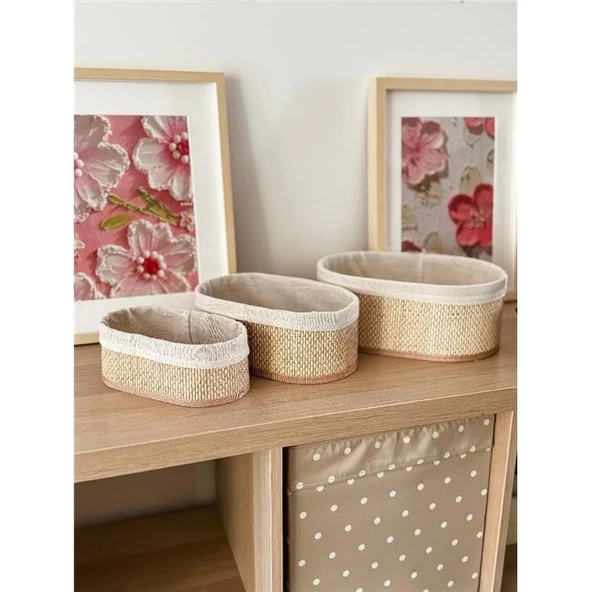 Akayev Beige Hasır 3Lü Oval Sepet ürün görseli