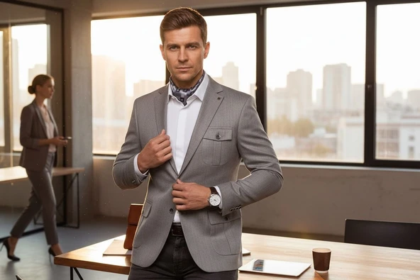 Erkek Slim Fit Gri Blazer Ceket – Tek Düğmeli – Kapaklı Cepli – Şık Kumaş Dokulu – Günlük & Ofis Kombinleri İçin - Resim 7