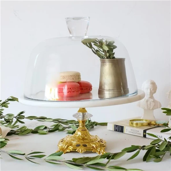 Akayev Mermer Beyaz 25 Cm Altın Barok Ayak Cam Fanus - Resim 2