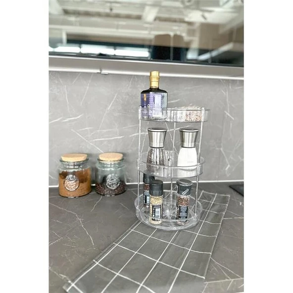 Primanova Elpida Üç Katlı Döner Raf Banyo Mutfak Makyaj Düzenleyici - Şeffaf - Resim 4