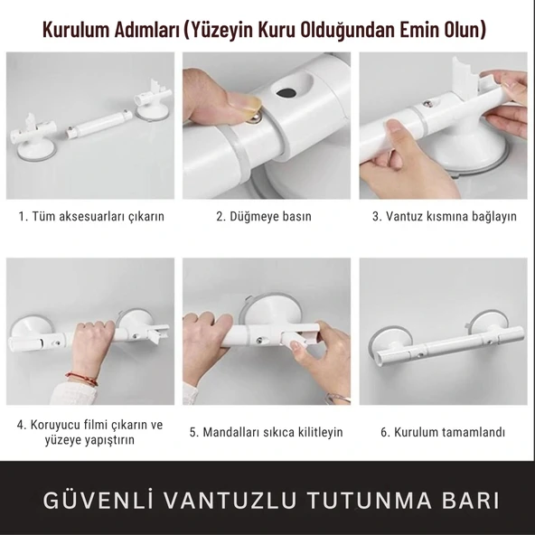 ShopyTech Vantuzlu Banyo Tutunma Barı Kaymaz Duş Tutma Kolu Emniyet El Rayı Yaşlı  Çocuk  Hamile  Engelliler İçin Hareke - Resim 6