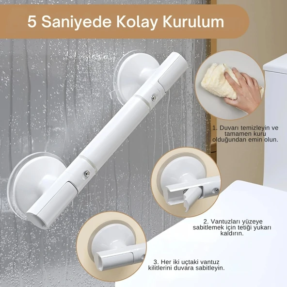 ShopyTech Vantuzlu Banyo Tutunma Barı Kaymaz Duş Tutma Kolu Emniyet El Rayı Yaşlı  Çocuk  Hamile  Engelliler İçin Hareke - Resim 4