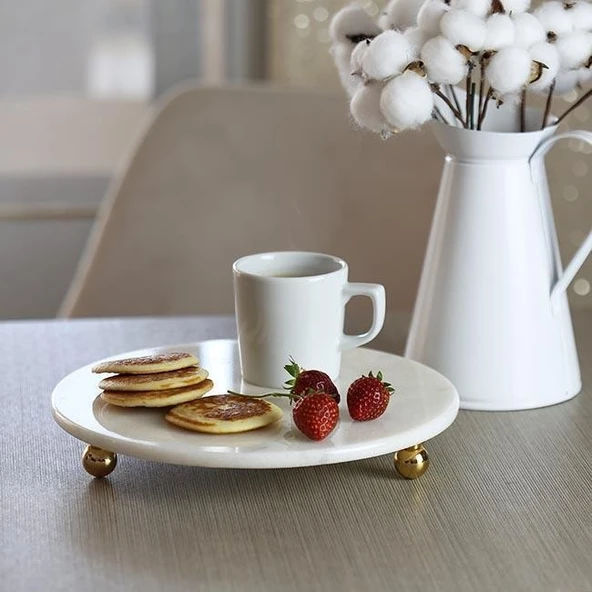 Akayev Mermer Beyaz 19 Cm Altın Boncuk Ayaklı Sunumluk - Resim 2