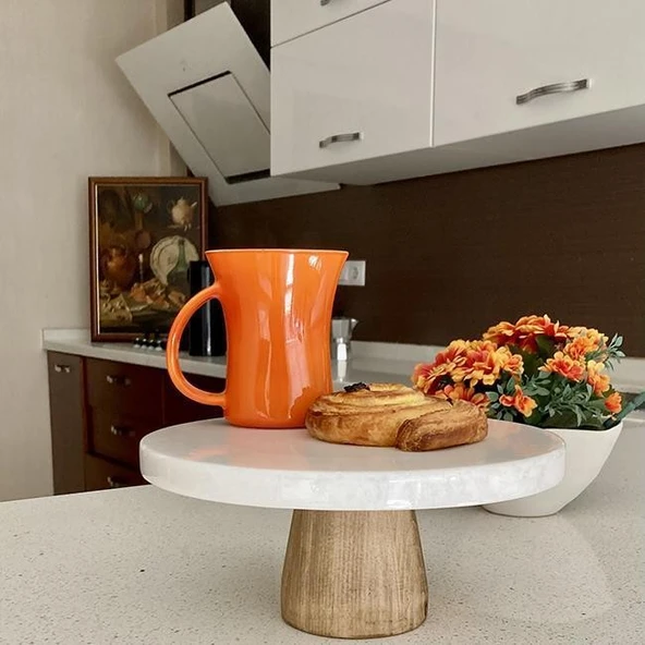 Akayev Mermer 28 Cm Konik Ahşap Ayaklı Beyaz Kalın Yuvarlak Sunum Tabağı - Resim 3