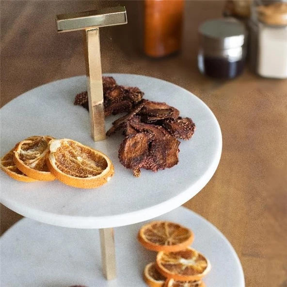 Akayev Mermer 25 Cm Beyaz Altın Boncuk Ayaklı İki Katlı Sunum Tabağı - Resim 3