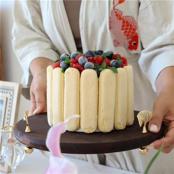 Akayev Ahşap 28 Cm Altın Ayak Ginkgo Yuvarlak Sunum Tabağı - Resim 3