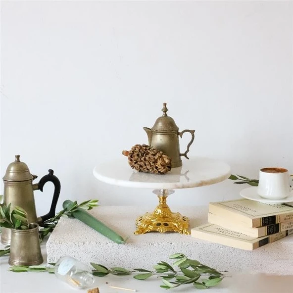 Akayev Mermer Beyaz 25 Cm Altın Barok Ayak Sunum Tabağı - Resim 2