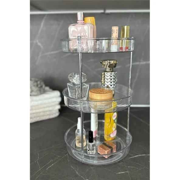 Primanova Elpida Üç Katlı Döner Raf Banyo Mutfak Makyaj Düzenleyici - Şeffaf - Resim 3