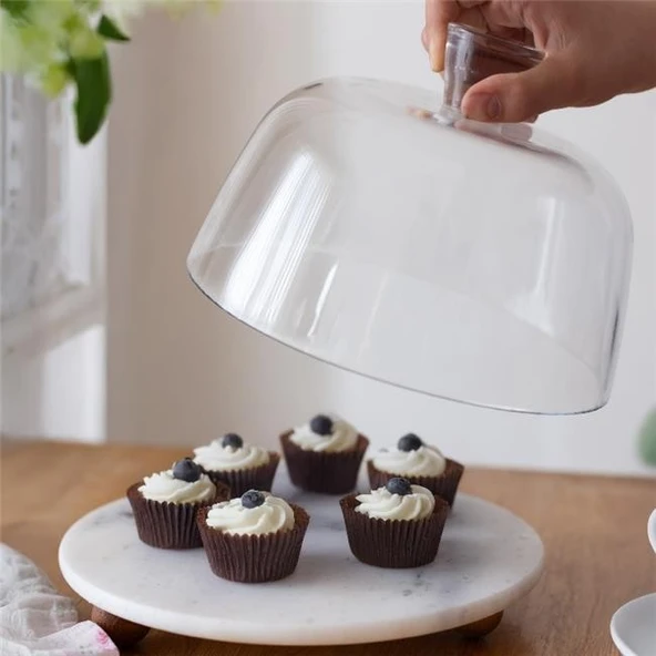 Akayev Mermer Beyaz 25 Cm Ahşap Boncuk Ayaklı Cam Fanus - Ekmek ve Kek Standı - Pasta Standı - Resim 3